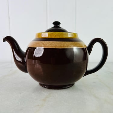 Vintage 1920s ALB Teapot, 6 cup, Alcock, Lindley and Bloore Redware,  Brown Betty Teapot Pottery Yellow and Caramel stripes made in England 