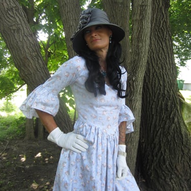 19th Century Style Blue Cotton Floral Chintz Corset Dress Size 2 