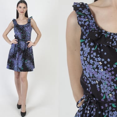 Vintage Malia Black Floral Dress, Belted Hawaiian Sundress, Tiki Party Mini 