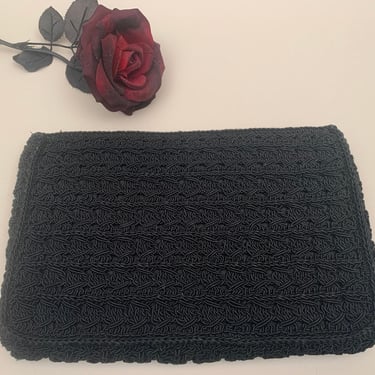 Vintage 1940s Black Crochet Cord Oversized Clutch 