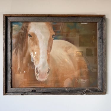 1980s Rich Maxey  Oil Pastel Horse Portrait Painting in Rustic Wood Frame, Signed 