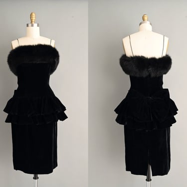 vintage 1980s dress | Outstanding Designer Black Velvet Fur Julie Duroche For After Five | Small 