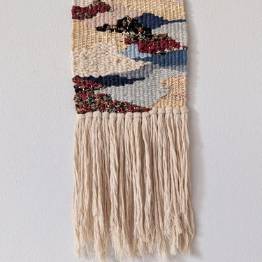 Wall Weaving/Hanging - Woven Tapestry - Batik Print Fabric, Red, Camel, Blue, Grey - Raffia - Boho Fiber Art - Handwoven Weave - Art (B1) 
