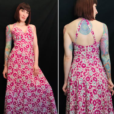 Vintage 1930's 1940's Floral Print Cotton Piqué Sun Dress Gown - size Small 
