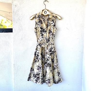 Vintage 50s Floral Collared Day Dress Button Up Apron Dress 