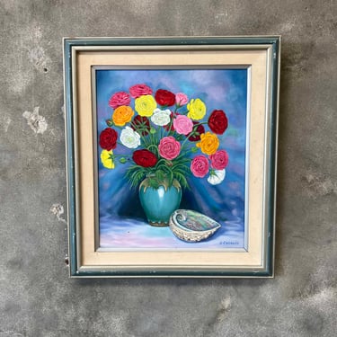 Vintage Still Life Oil Painting On Canvas - Framed Flowers & Abalone Shell
