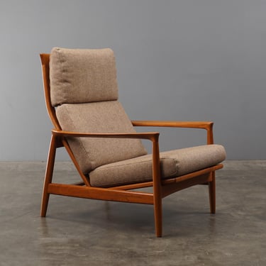 Folke Ohlsson 1960s High-Back Lounge Chair Teak and Brown Wool Scandinavian Mid-Century Modern 