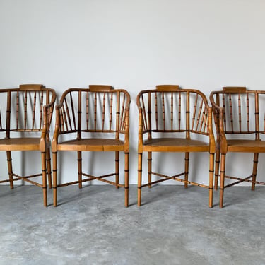 1960s Hollywood Regency Faux Bamboo Carved Wood and Cane Dining Chairs – Set of 4 
