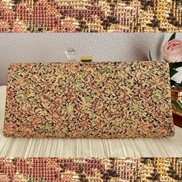 Tapestry Metallic Brocade Clutch Purse, Small Mirror Inside, Vintage 50s 60s 