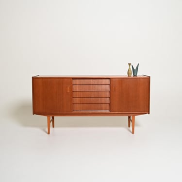 Scandinavian Teak Sideboard 1960s – Mid Century Modern Credenza with Sliding Doors and 5 Tile Drawers, Danish Modern Storage Cabinet 