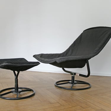 Danish Vintage Jack Crebolder Impressa Kebe Postmodern Black Canvas Swivelling Lounge Chair With Foot Stool Set Easy Reading Relaxing Sling 