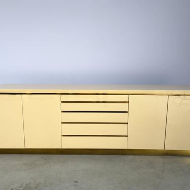 Brass and lacquer sideboard by Jean Claude Mahey, 1970s - hollywood regency credenza - vintage credenza - beige lacquer credenza 