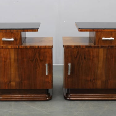 Art Deco Nightstands Pair Walnut Veneer Chrome Handles Czech 1930s Vintage 
