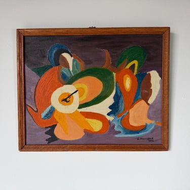 1975 Vintage E. Hanniferd Abstract Still Life Oil on Board Painting – Framed 