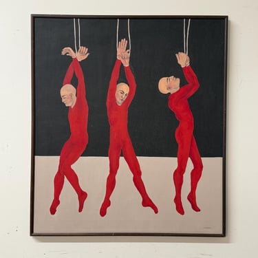 1960s Surrealist Oil Painting of Three Marionette Dancers | Signed Schrenzel | Large Mid Century Framed Canvas | Bauhaus Influence 
