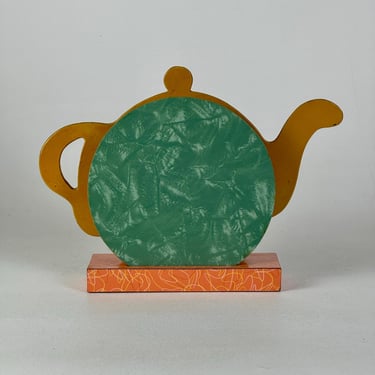 Lovely Vintage 1980s Formica Teapot Shaped Napkin Holder In Green, Yellow, & Pink 