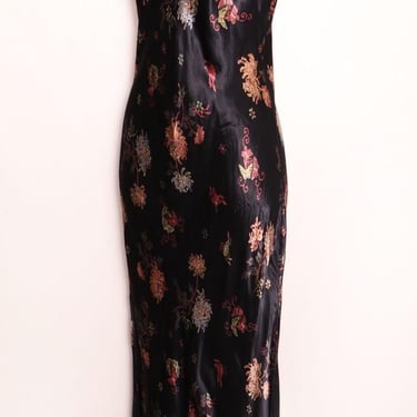 Black Satin 1930's style Cheongsam Bias Cut Long Dress Gown, Vintage 1980's, size 12 