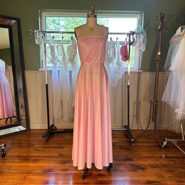 Vintage 1970s Formal Pink One Shoulder Knit Maxi Dress with Sheer Nylon Capelet 