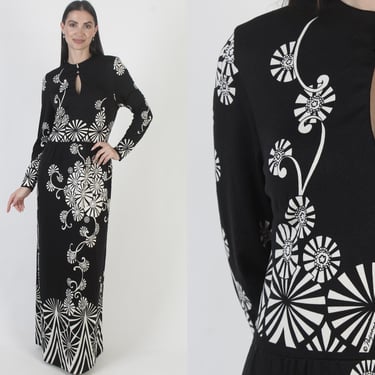 Paganne By Gene Berk Signed Dress, Black White Designer Maxi, 60s Geometric Print 