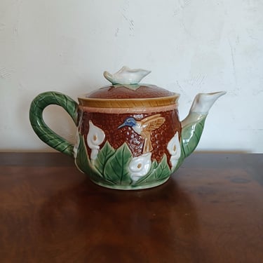 Stoneware Pottery Teapot with Hummngbird and Peace Lillies 