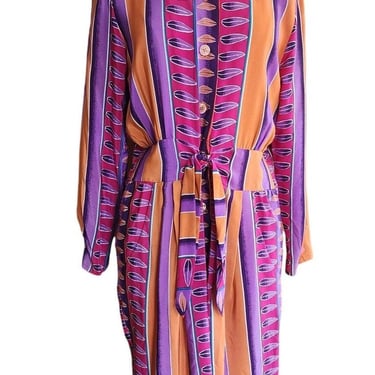 Vintage 1980s Silkprint Dress Purple Orange Stripe Secretary Style Sady King 