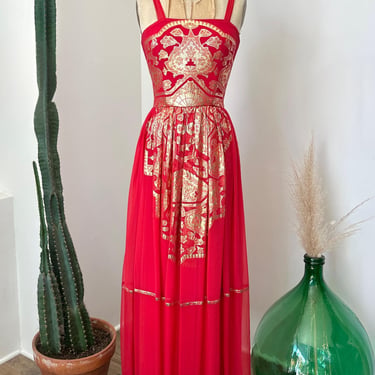 Vintage 1980s Dress / 80s Albert Nipon Metallic Silk Maxi Gown / Coral ( XS ) 