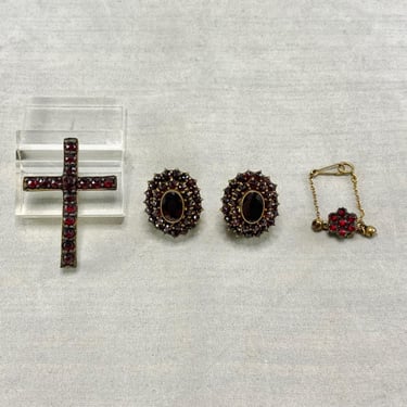 Vintage Bohemian Garnet Gold Tone Jewelry Lot Cross Pin Earrings Safety Chain 