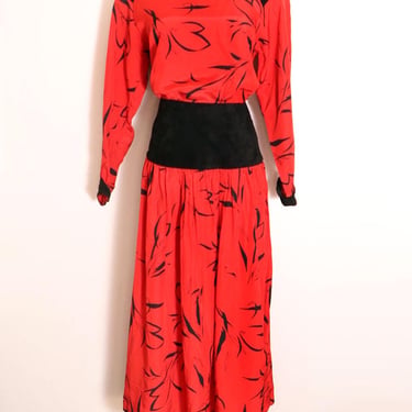 80's Red & Black New Wave Dress Matching Set Skirt and Blouse Suede leather trim Vintage 1980s 