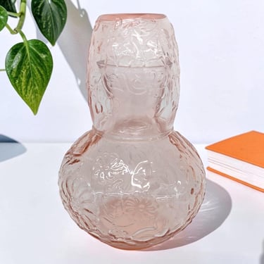 Vintage Water Carafe and Tumbler Retro 1950s Mid-century Modern + Pink Depression Glass + Wild Rose Pattern + Bedside Decanter 