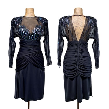 Vintage 1980s Beaded Ruched Jersey Special Occasion Dress, Body-Con Party/Prom Frock w/Illusion Bodice and Open Back, Small 34