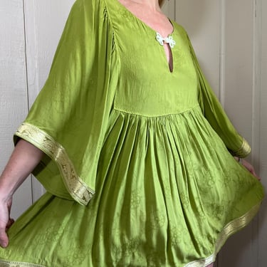 Vtg Chinoiserie Babydoll Dress, Vintage Jacquard Chartreuse Mini Dress, Ornate Tunic Dress 