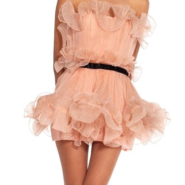 1980S Bergdorf Couture Blush Pink  Black Silk Pleated Strapless Cocktail Dress 