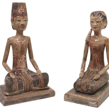Pair of Indonesian Javanese Carved Parcel Gilt Lacquered Wood Loro Blonyo  Figure Wedding Statues / Large Folk Art  Sculptures 