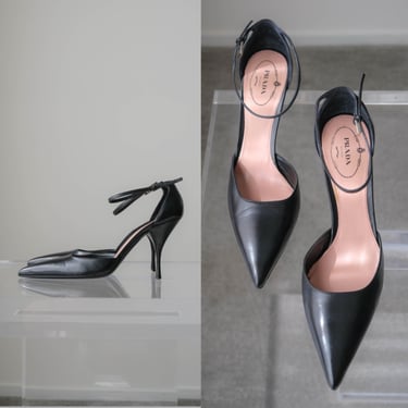 Vintage PRADA 2002 Black Capretto Nero Ankle Strap Pumps Unworn w/ Box & Dust Bags | Made in Italy | Size 39.5 | Y2K Designer Shoes 