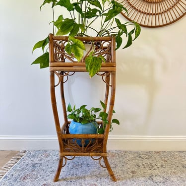 Vintage Tall Tortoiseshell Bamboo Plant Stand - Two Tiered 