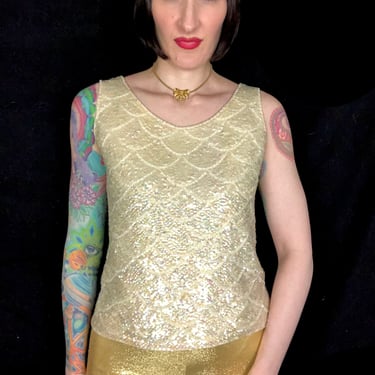 Vintage 60s Sequin Tank Top - Iridescent Mermaid Scale Party Blouse, S/M 