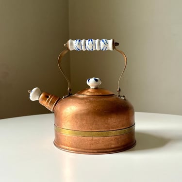 Vintage Copper Teapot with Blue Delft Porcelain Handle & Knob with Matching Porcelain Stopper 