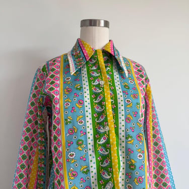 Vintage 60s Psychedelic Long Sleeve Neon Floral Blouse Daisy and Paisleh; 70s Unisex Cotton Mod Long Sleeve Fitted Blouse Wingtip Collar 