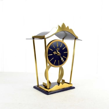 ebg DDR table clock pavilion 60s 70s DDR clock mid century brass blue clockwork brocante vintage design retro GDR 