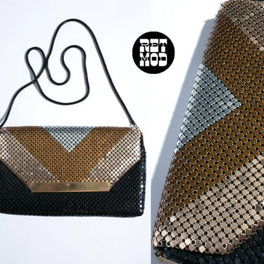 Fab Vintage 70s 80s Black Gold Silver Brass Mesh Metal Chain Link Clutch / Shoulder Purse 