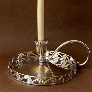 Antique Silverplate Chamberstick - Pierced Wave Border Candle Tray with Scroll Handle - Sourced in Spain 