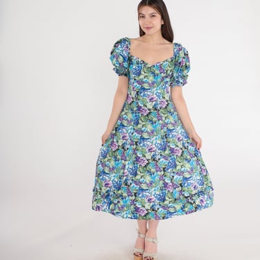 80s Floral Dress Puff Sleeve Dress Garden Party Midi Dress Sweetheart Neckline Boho Vintage 1980s High Waisted Bohemian Blue Purple Medium 