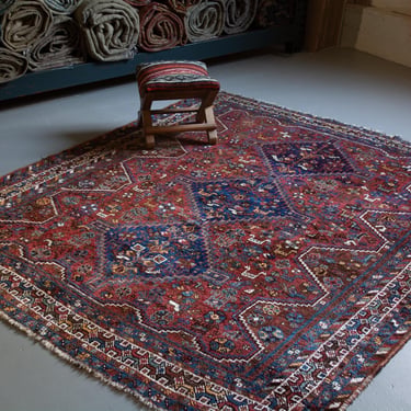 Antique 5’10” x 6’10” Botanical Figural Tribal Medallion Brick Red Blue Almost Square Rug Early 1900s - FREE DOMESTIC SHIPPING 