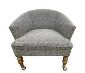Set of 4 VTG barrel back/club chairs w/navy/tan tweed upholstery & metal casters