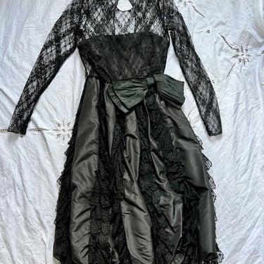 Vintage 1980s Bill Blass black lace silk taffeta cocktail dress size small, black lace and bow dress, goth wedding dress 