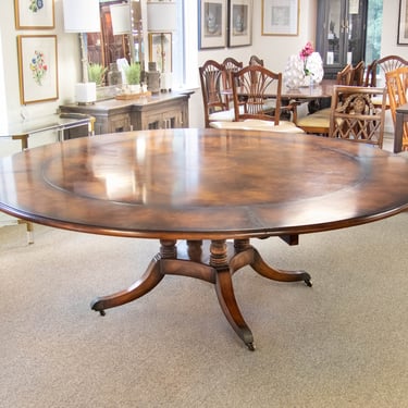 Burled Walnut  Round Dining Table On A Birdcage Base W/ 4 Permitter Leaves