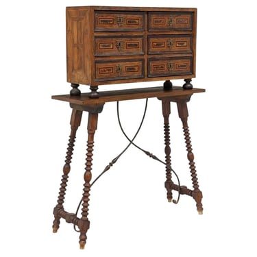 Early 18th/19th century Baroque Italian Vargueño Spanish Papeleria Antique Cabinet On Stand Trestle Table w/ Iron Stretcher Parquetry Inlaid 