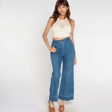 Levis 80s Jeans High Waisted Wide Leg Blue Denim Cotton Vintage Flare Pants Medium Wash Orange Tab 70s Style Bell Bottom Hippie Bohemian 