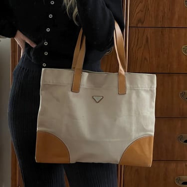 Vtg 90s PRADA Canvas Tote Bag, Prada Tan Canvas and Leather Shoulder Bag with Triangle Logo, Designer Bag 