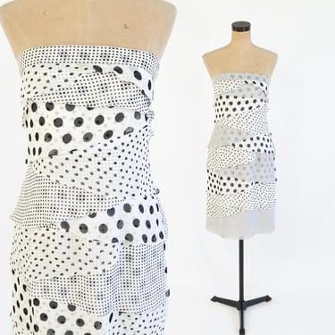 1980s White Strapless Party Dress, Silk Chiffon Polka Dot Dress, Small 